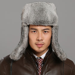 New Russian Trapper Hat For Men Genuine Fur Thicken Male Winter Real Rabbit Fur Hats Winter Outdoor Leather Bomber Hats Men