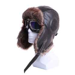 Winter Bomber Hats Plush Earflap Russian Ushanka with Goggles Men Women's Trapper Aviator Pilot Hat Faux Leather Fur Snow Caps